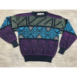 Urban Works Sweater Mens Medium Multicolor 100% Acrylic Pullover Leather Trim